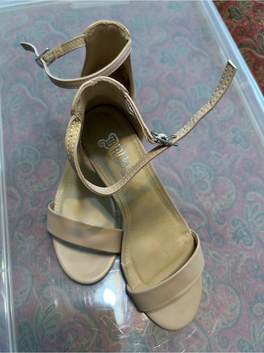 Brash Beige Ankle-Strap Block Heels. Size 6